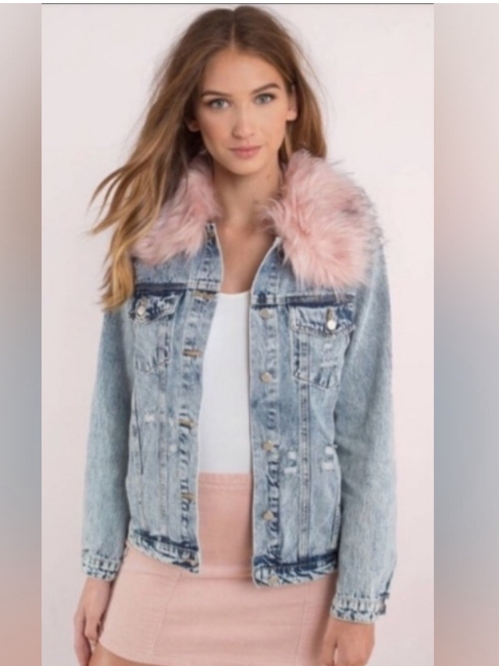 Honey Punch Light Wash Denim Jacket with Pink Faux Fur Collar